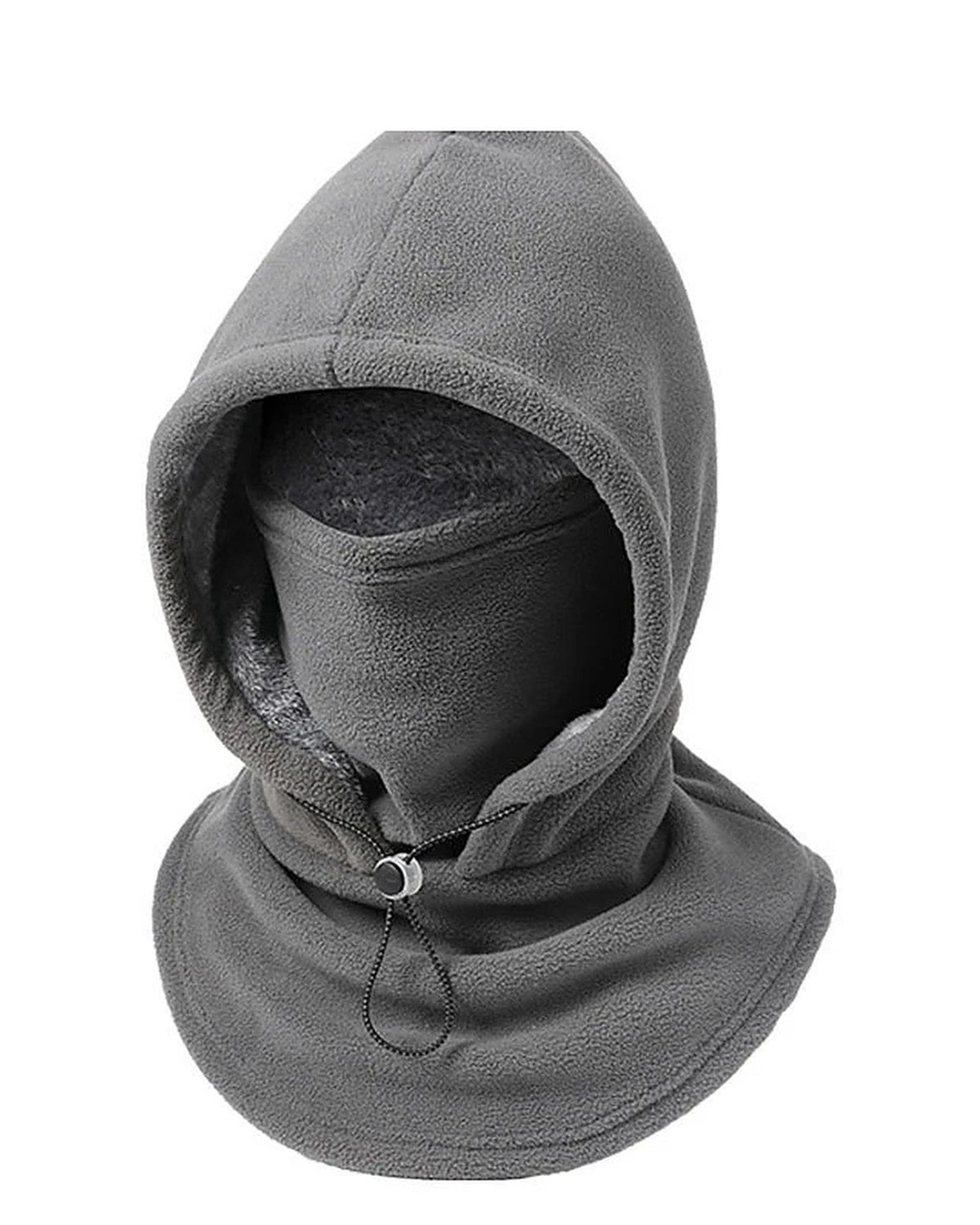 Dark gray 3-in-1 fleece hood with plush lining and drawstring