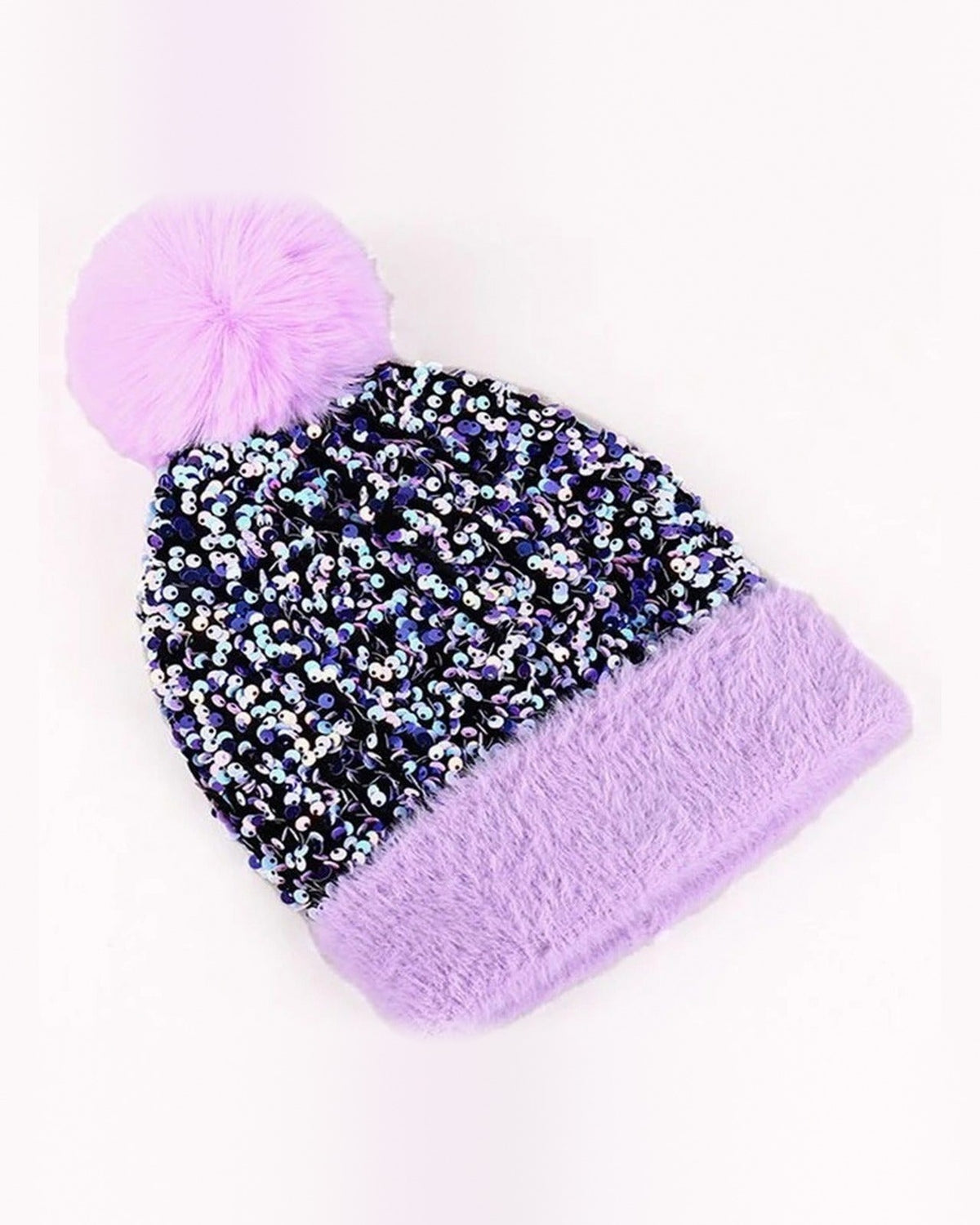 Lilac sequin pom pom beanie with fuzzy cuff and faux fur pom pom