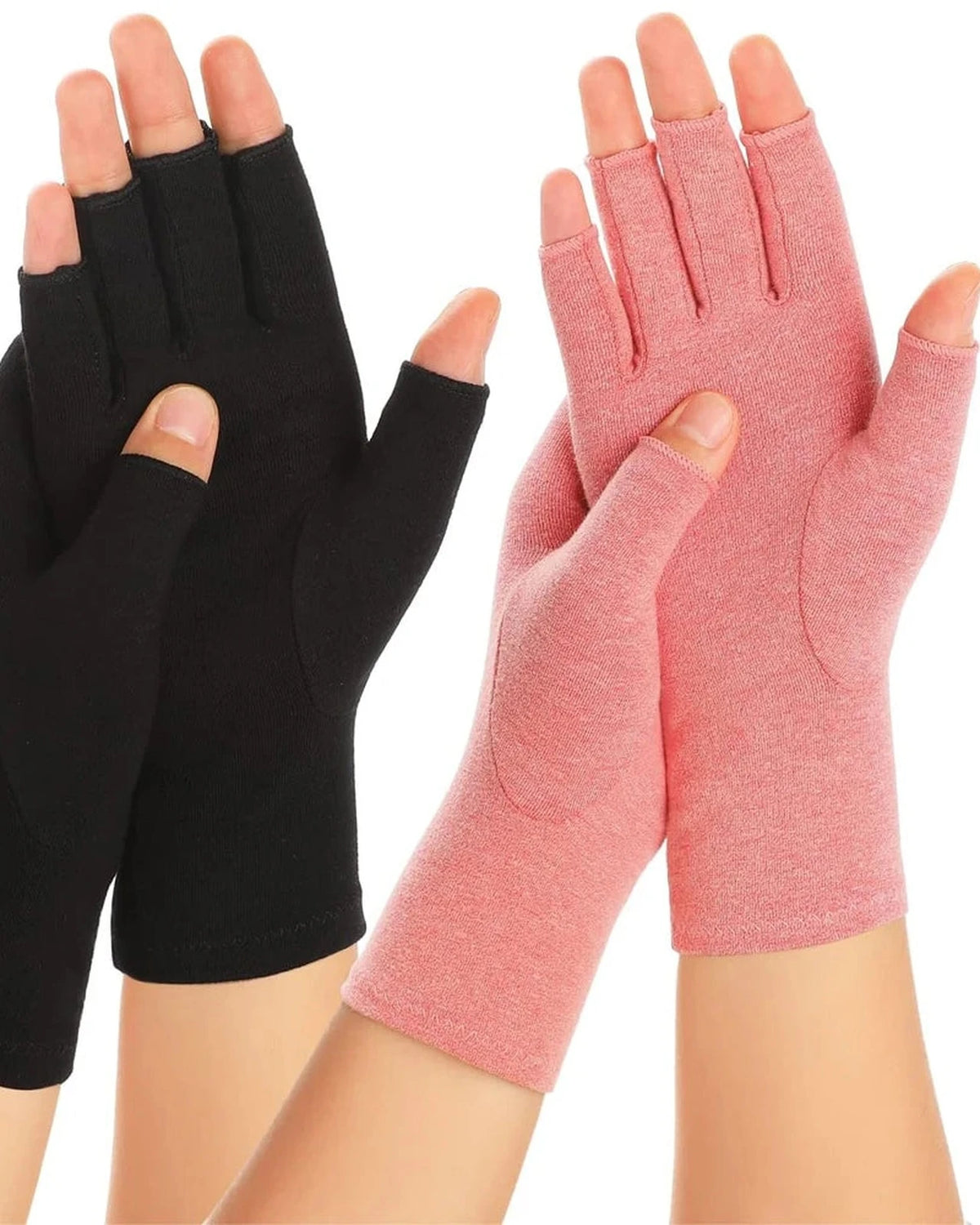 Black and pink open-finger compression gloves on hands