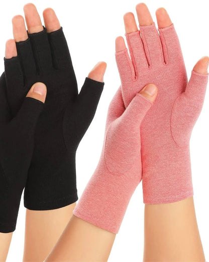 Black and pink open-finger compression gloves on hands