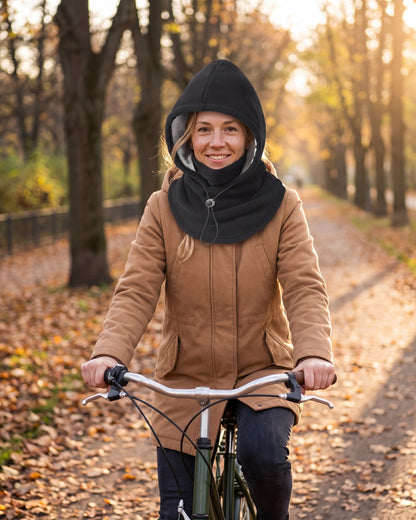 Woman cycling on a park path wearing a black fleece balaclava hood with the face cover folded down