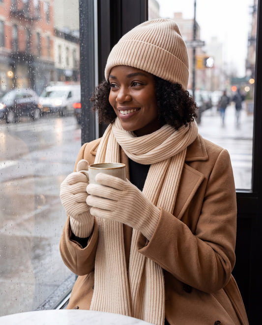 Cream rib knit beanie, scarf and gloves set worn by a woman in a cafe