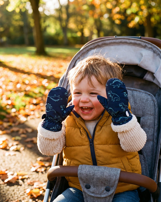 Laughing toddler in a stroller in an autumn park wearing navy dinosaur print mittens with sherpa cuffs