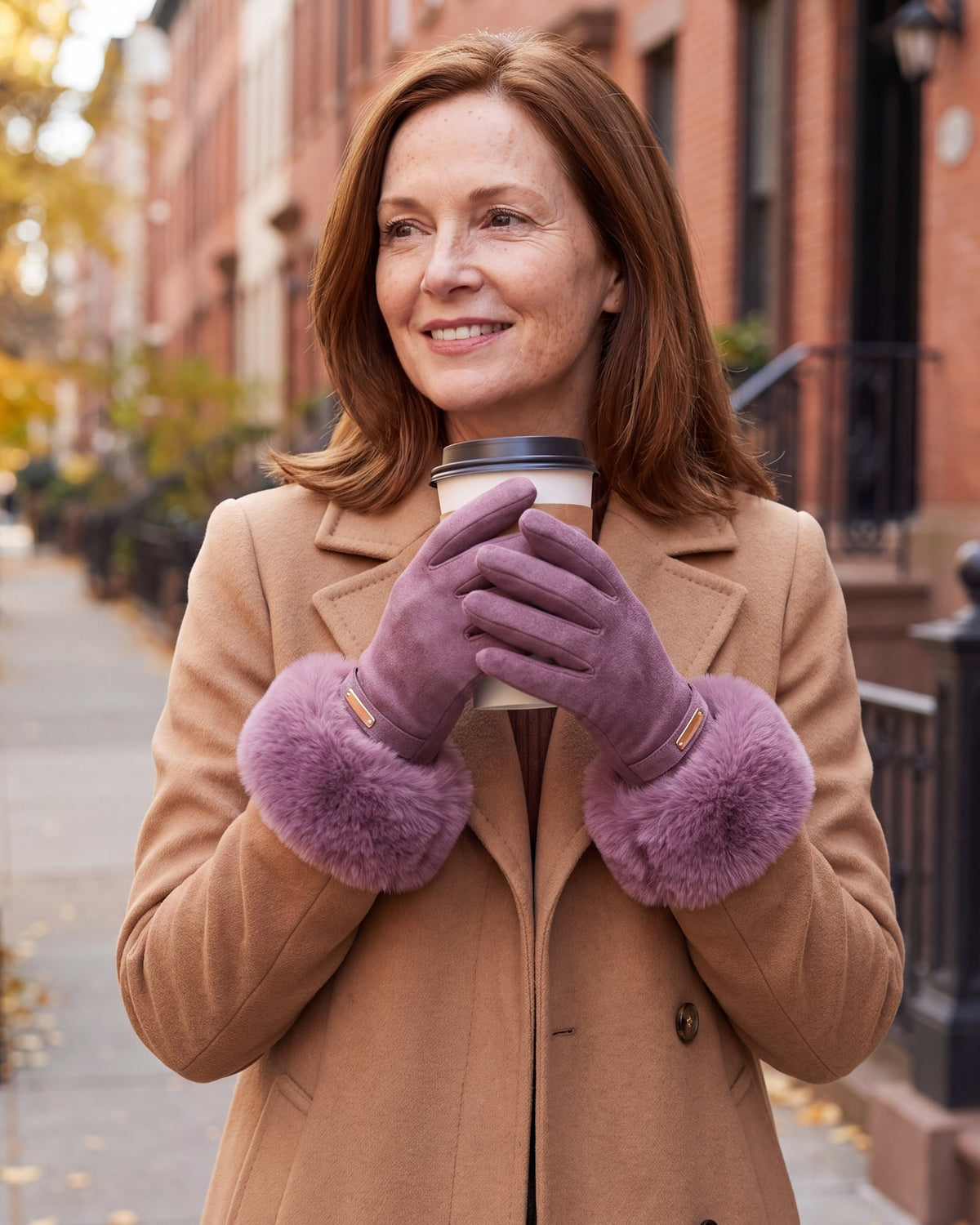 Woman wearing purple faux fur cuff gloves holding a coffee on a city street
