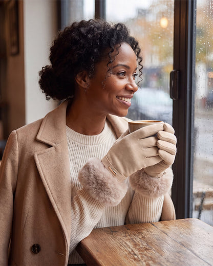 Woman in a cafe wearing beige suede-look gloves with fluffy faux fur cuffs