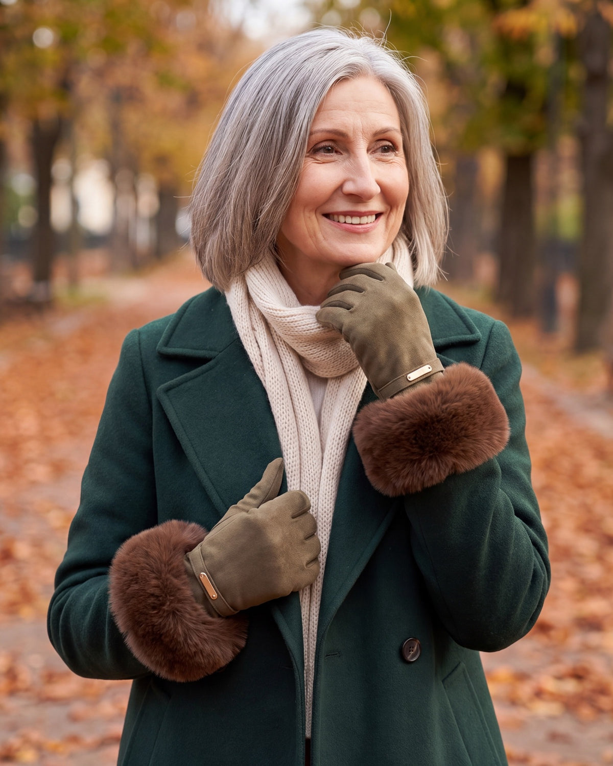 Woman in a green coat wearing khaki gloves with brown faux fur cuffs in a park