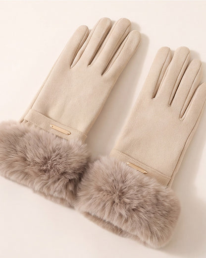 Beige faux fur cuff gloves for women