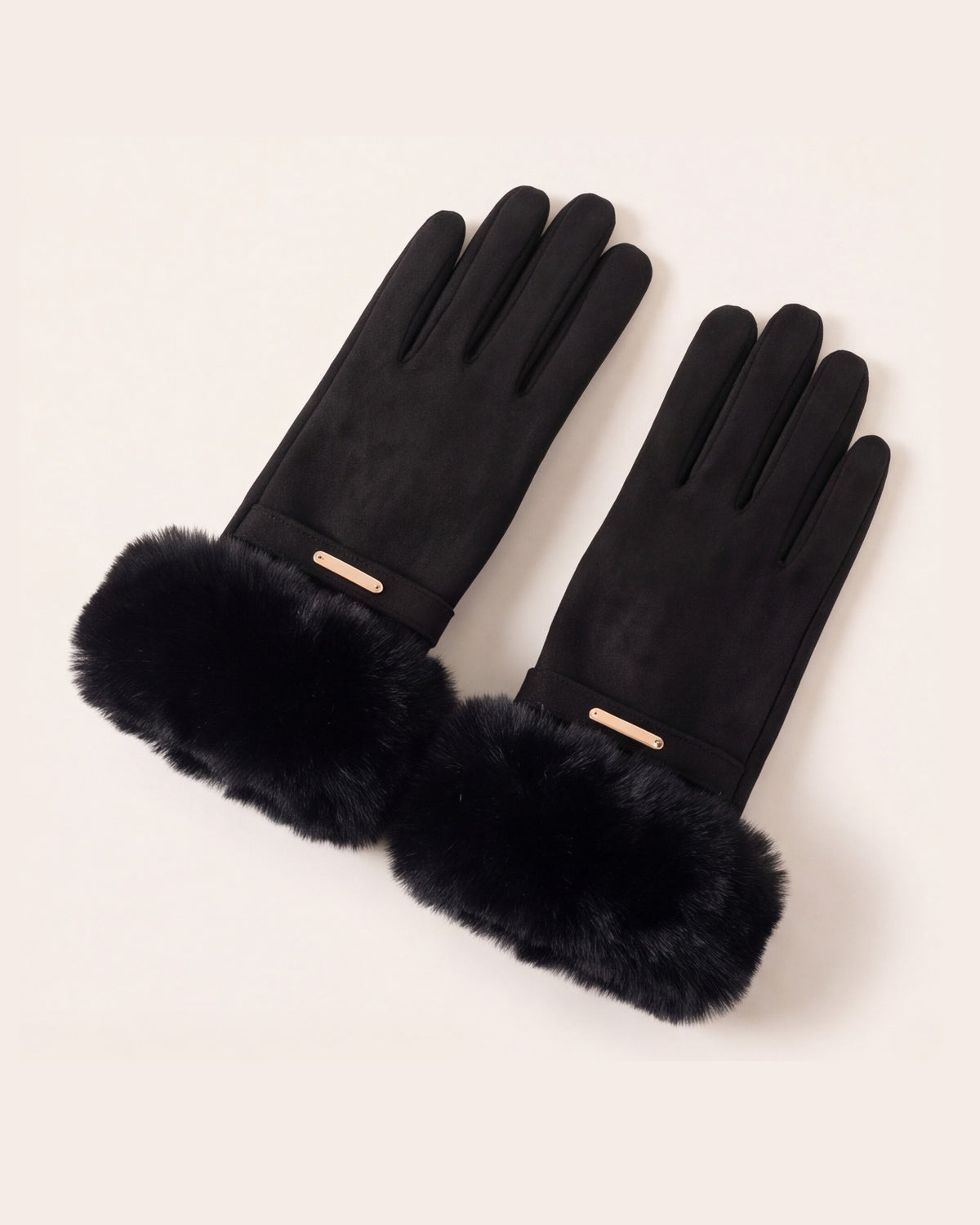 Black faux fur cuff gloves for women