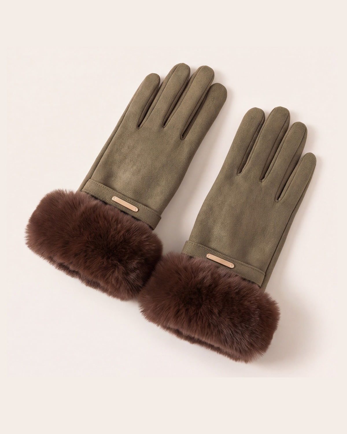Khaki faux fur cuff gloves for women
