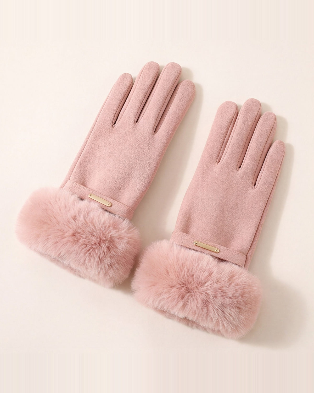 Pink faux fur cuff gloves for women
