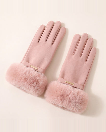 Pink faux fur cuff gloves for women