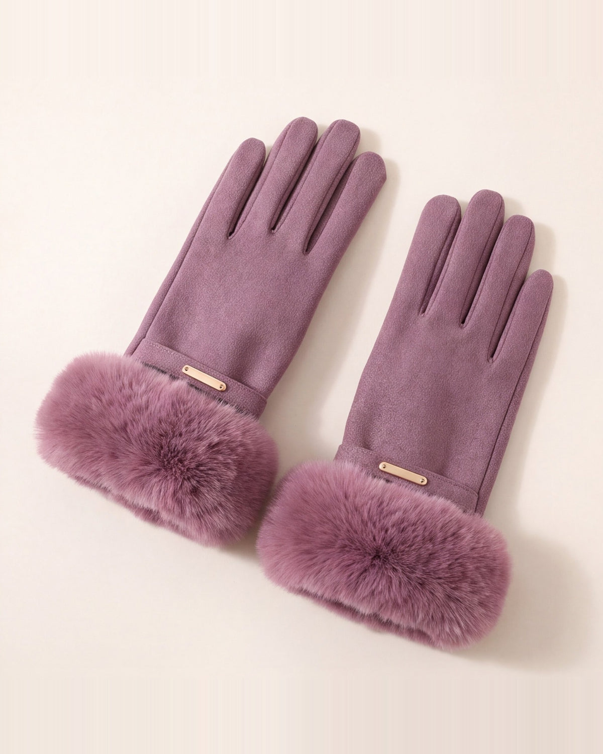 Purple faux fur cuff gloves for women