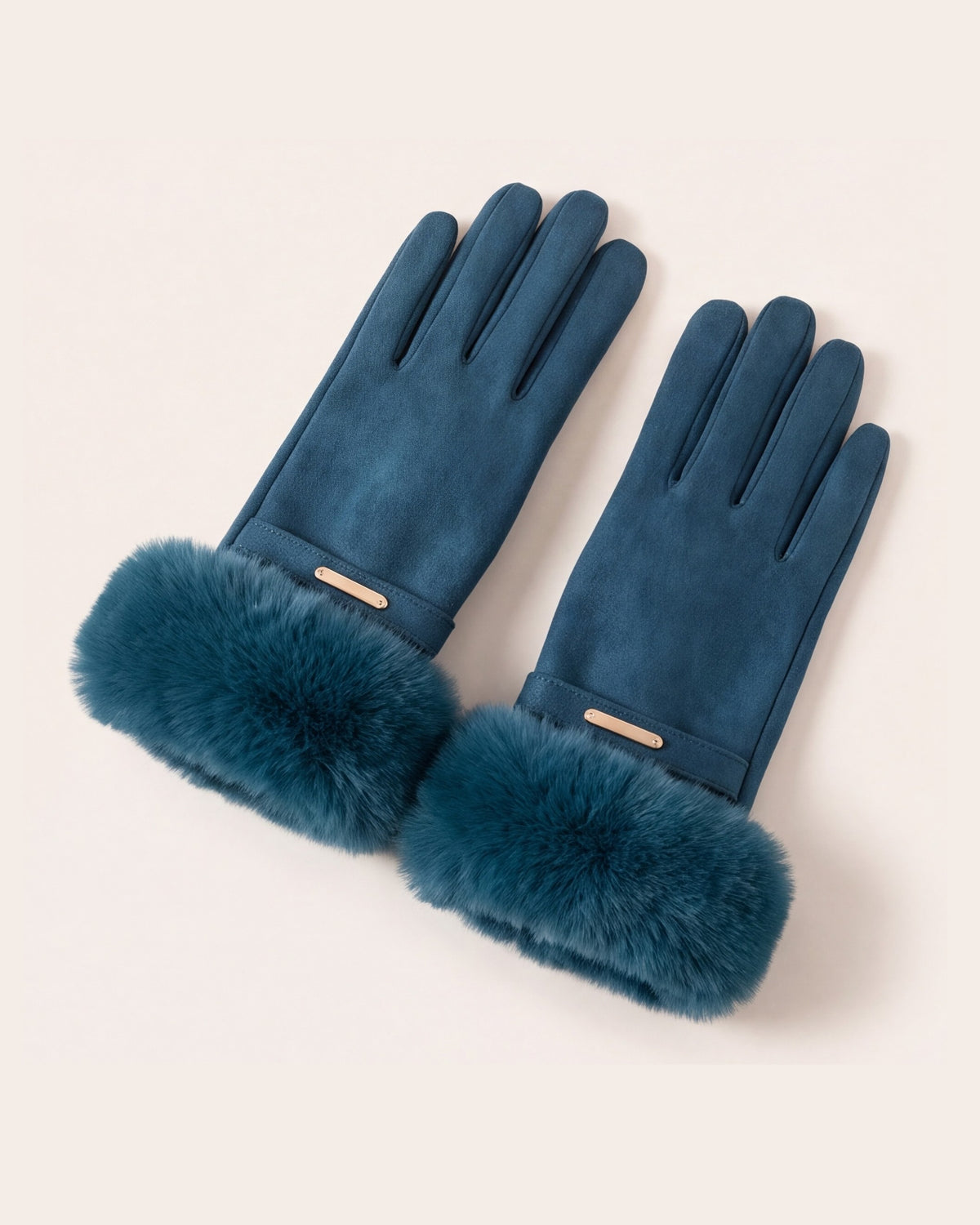 Teal faux fur cuff gloves for women