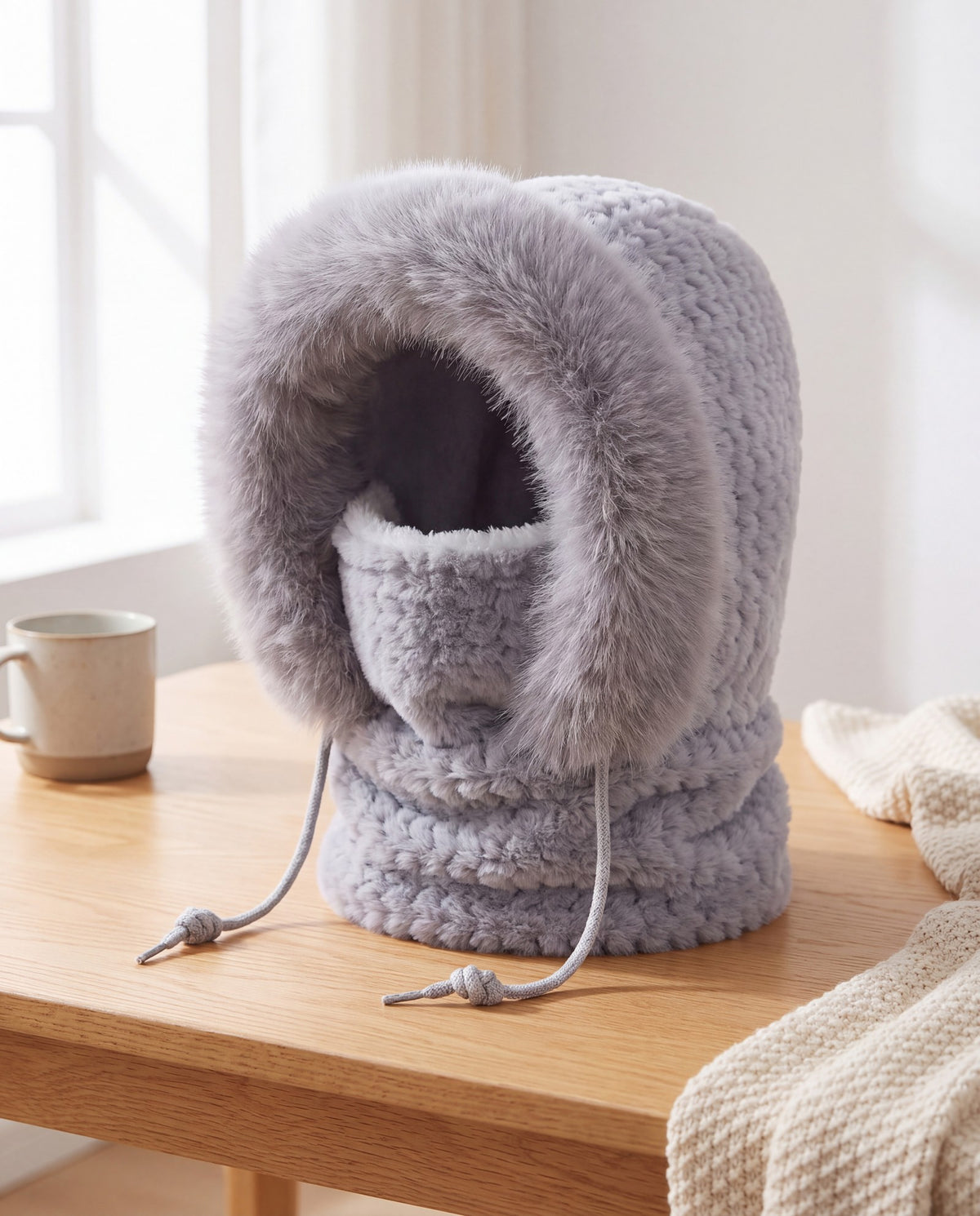 Gray 3-in-1 faux fur hooded scarf with drawstrings, product photo