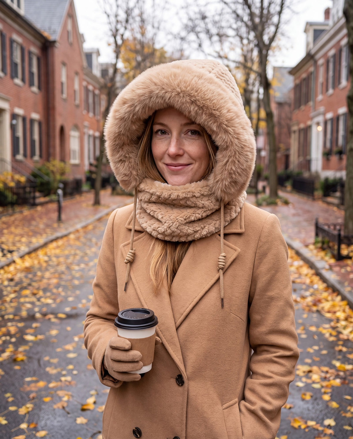 Khaki 3-in-1 faux fur hooded scarf worn by a woman on a city street