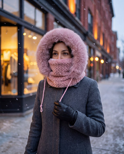 Pink 3-in-1 faux fur hooded scarf worn with the face cover up in the evening