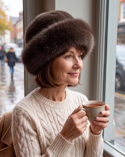 Woman wearing a brown faux fur hat holding a cup of tea by a cafe window on a rainy day