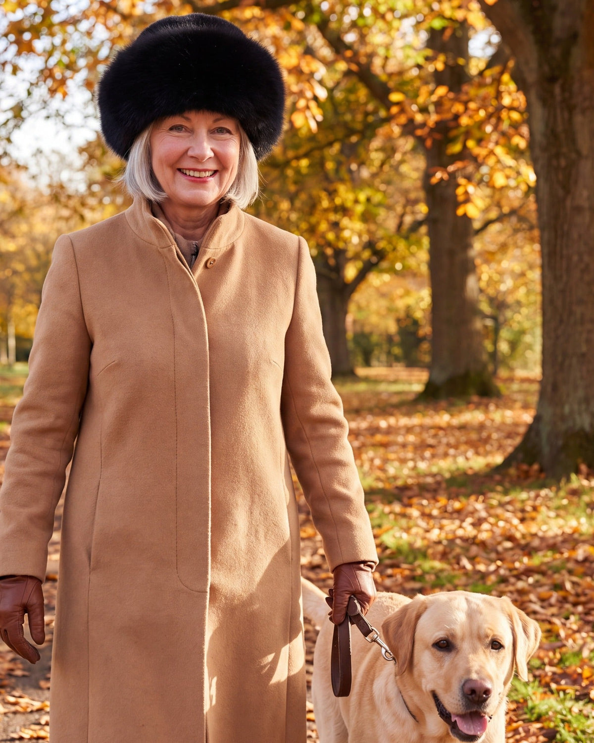 Woman in a black faux fur hat and camel coat walking her dog in a park