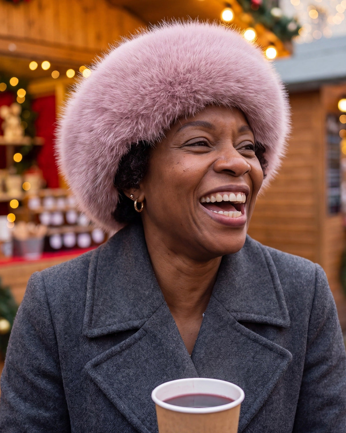 Laughing woman wearing a pink faux fur hat at an evening market