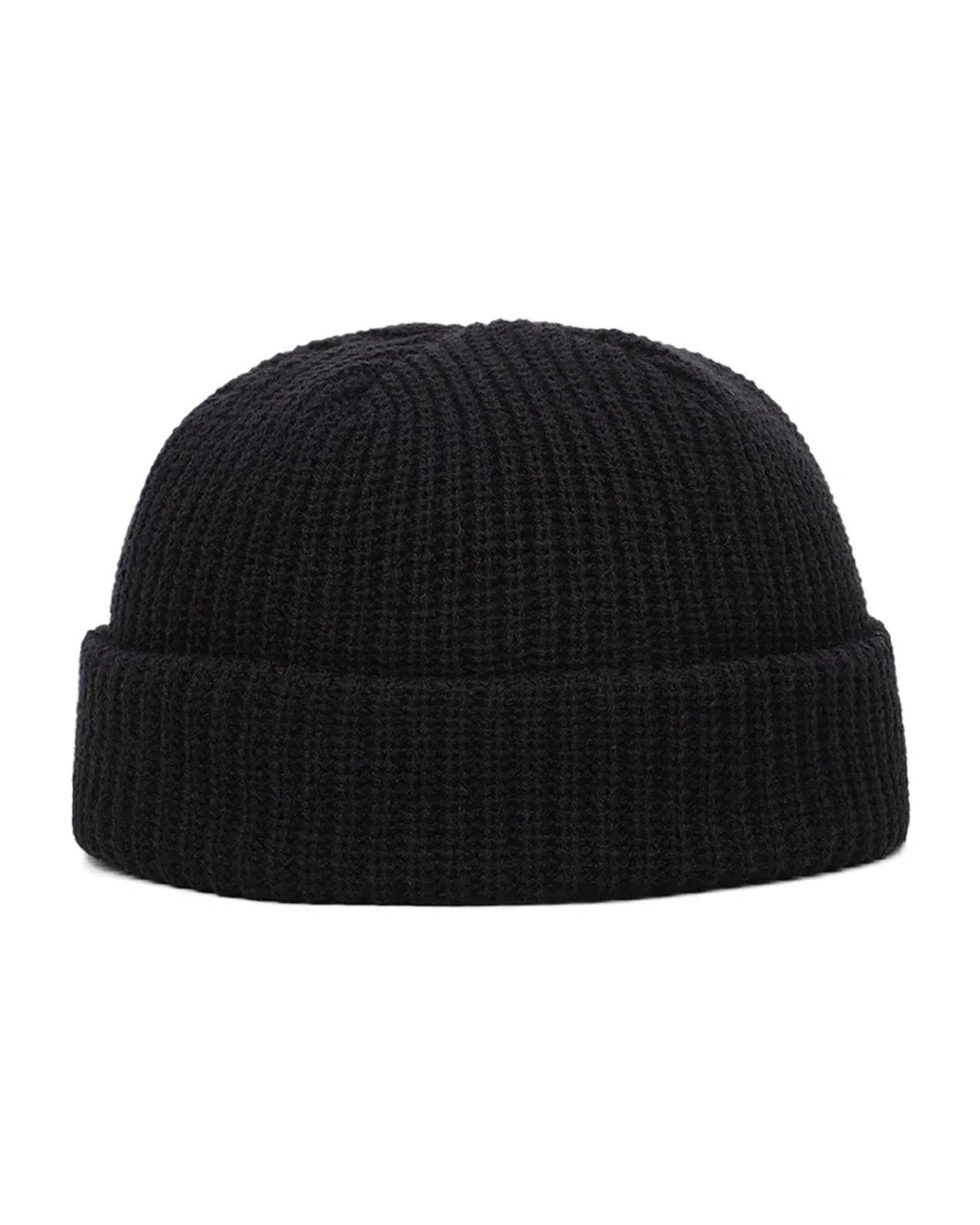 Black short rib knit fisherman beanie