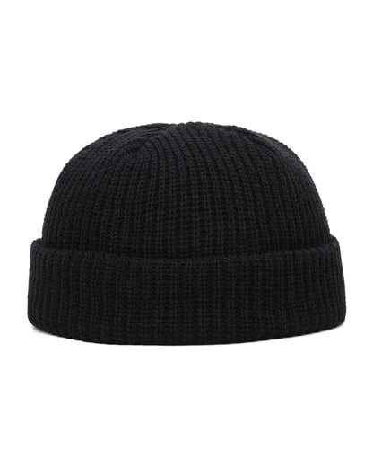 Black short rib knit fisherman beanie