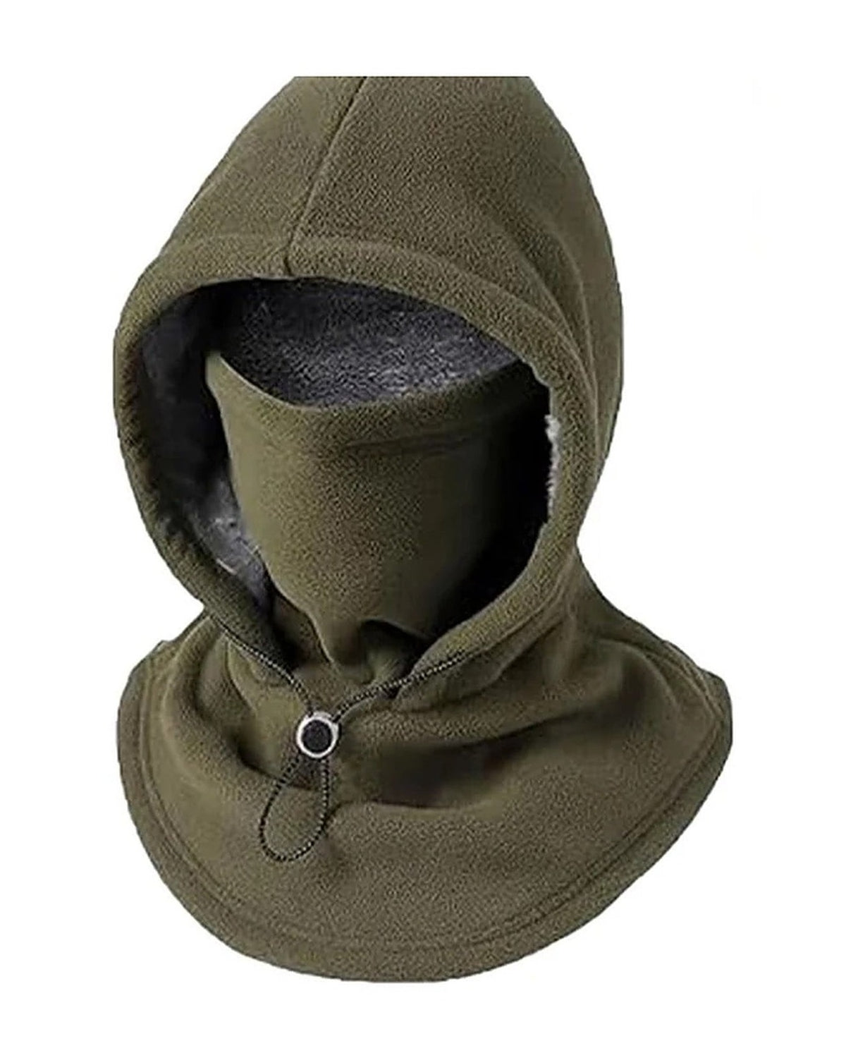 Army green 3-in-1 fleece hood with plush lining and drawstring