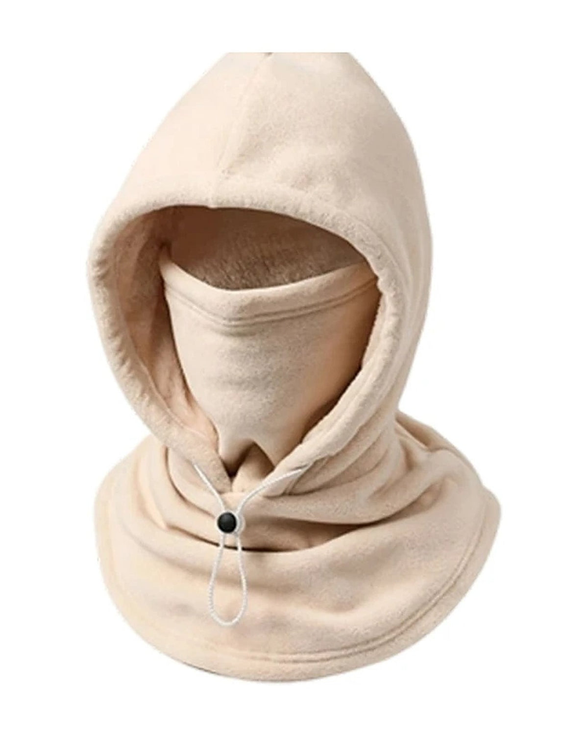Beige 3-in-1 fleece hood with plush lining and drawstring