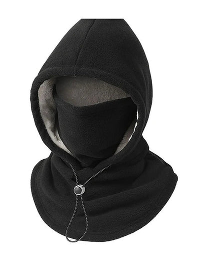 Black 3-in-1 fleece hood with plush lining and drawstring