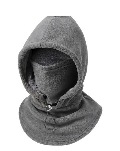Dark gray 3-in-1 fleece hood with plush lining and drawstring