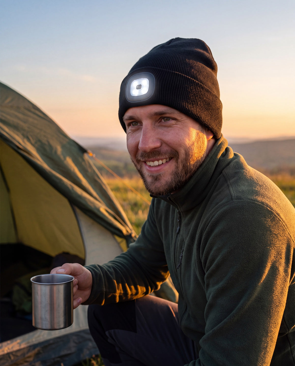 Man at a campsite at golden hour wearing a black LED beanie with the light switched on