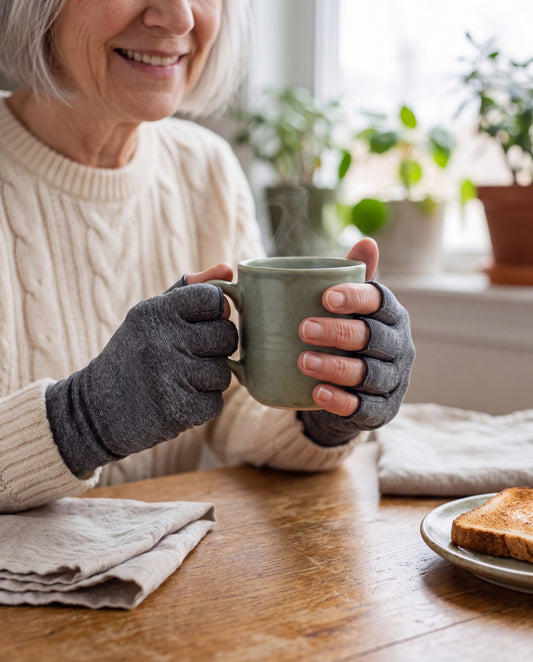 Woman holding a mug of tea at the kitchen table wearing heather gray fingerless compression gloves