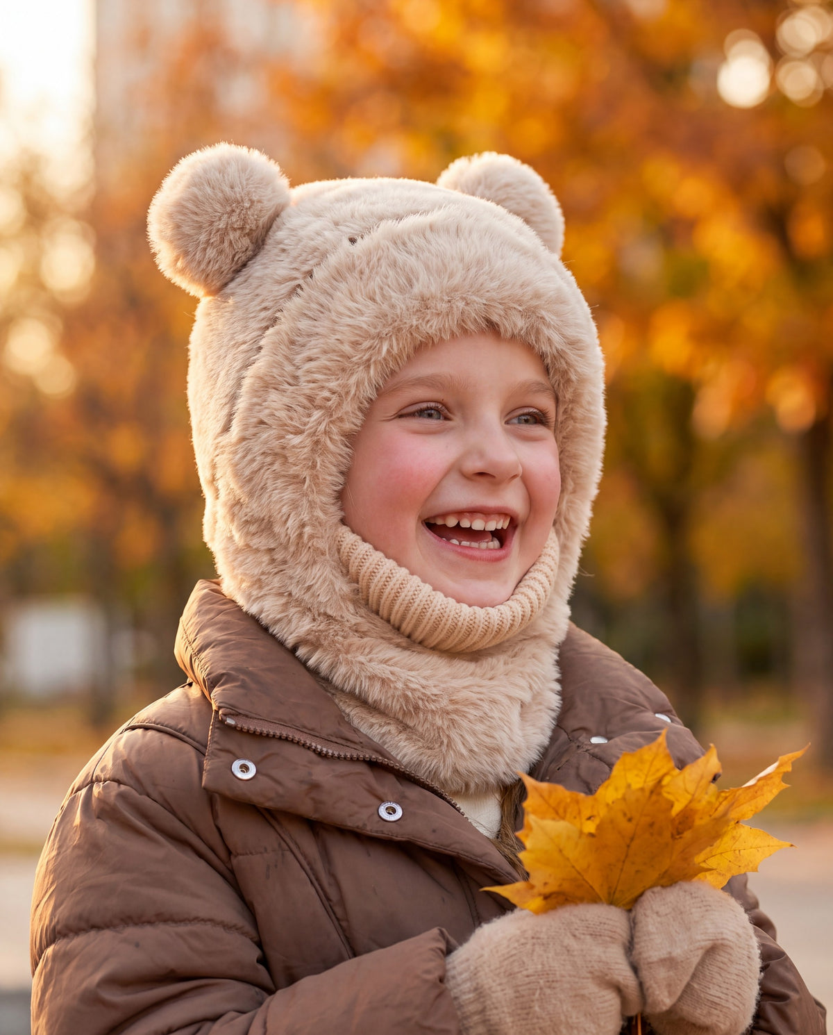 Girl laughing in a park wearing a beige plush teddy bear hood with ears