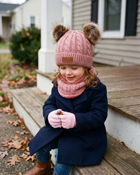 Little girl sitting on a porch step wearing the pink pom pom beanie, neck warmer and gloves set
