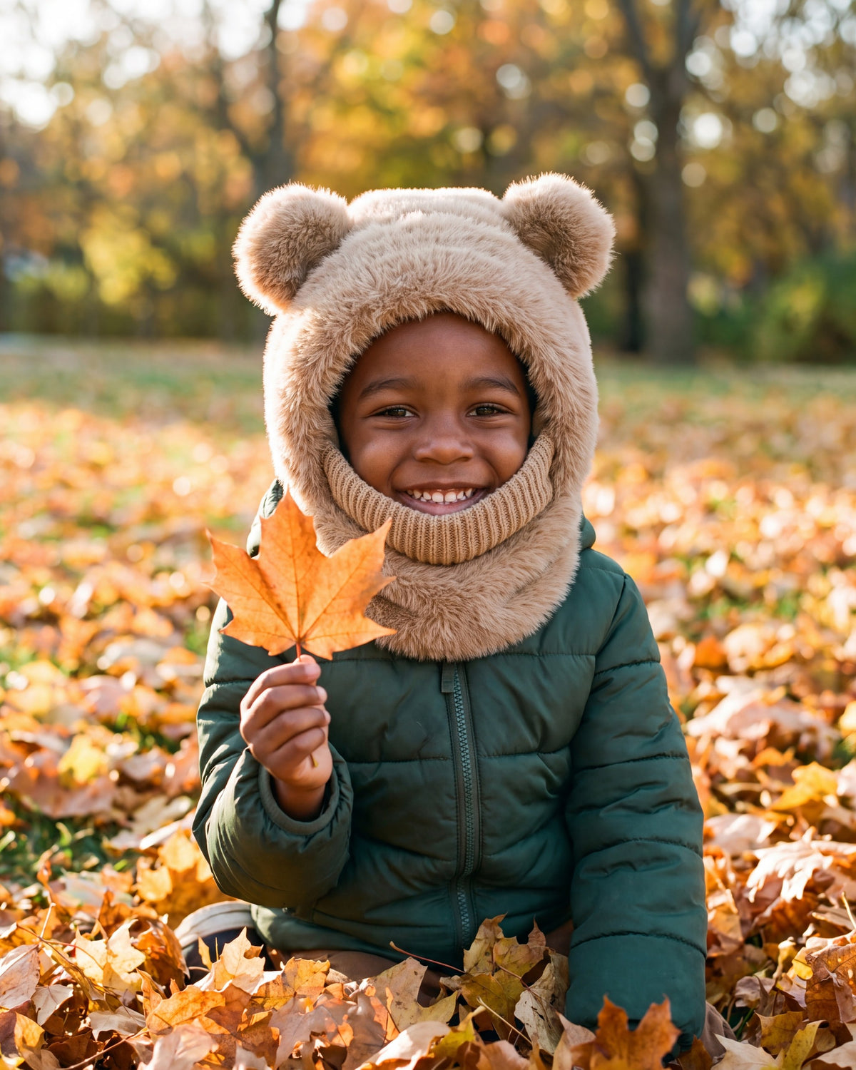 Smiling boy holding a maple leaf in a park wearing a khaki plush teddy bear hood with the knit face cover folded down