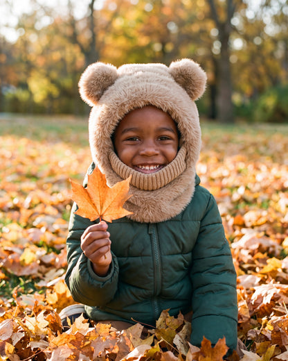 Smiling boy holding a maple leaf in a park wearing a khaki plush teddy bear hood with the knit face cover folded down