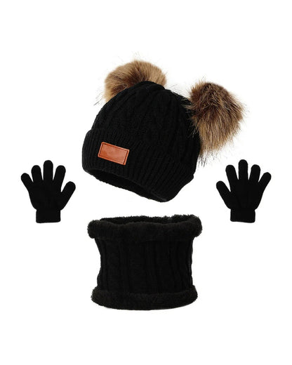 Kids black cable knit pom pom beanie with matching neck warmer and gloves