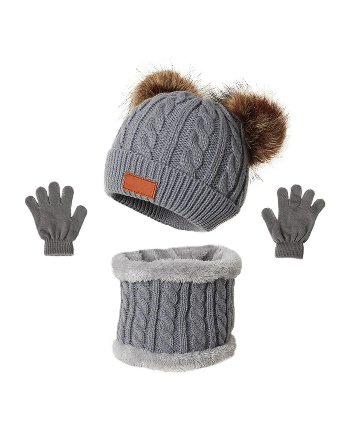Kids gray cable knit pom pom beanie with matching neck warmer and gloves