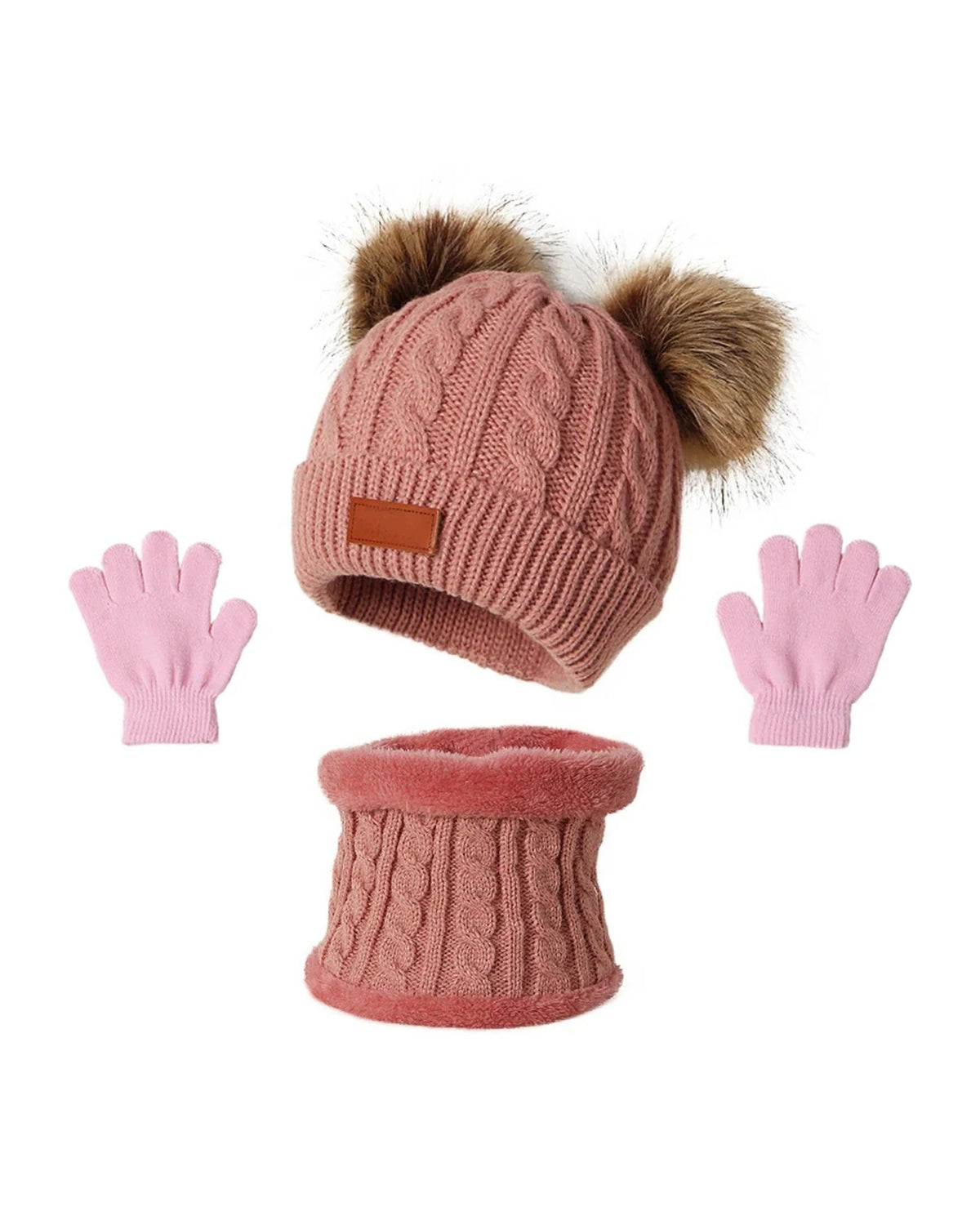 Kids pink cable knit pom pom beanie with matching neck warmer and gloves