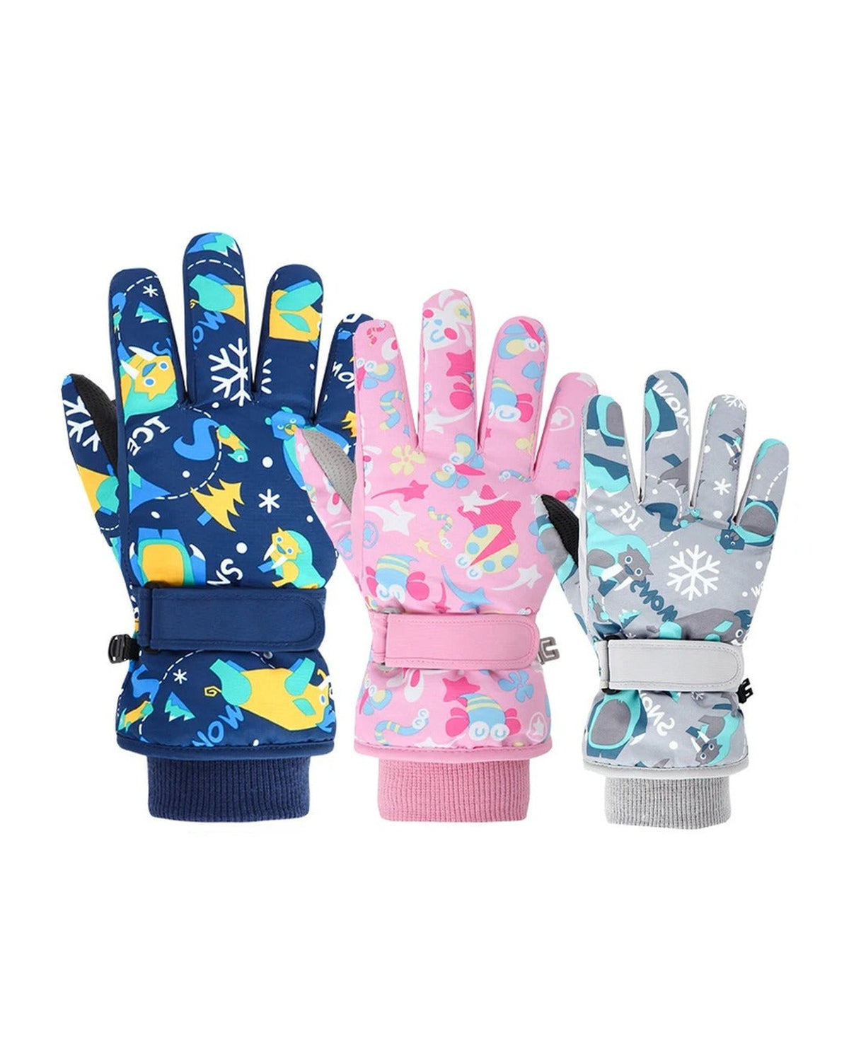 Kids waterproof gloves in navy, pink and gray prints with hook-and-loop straps