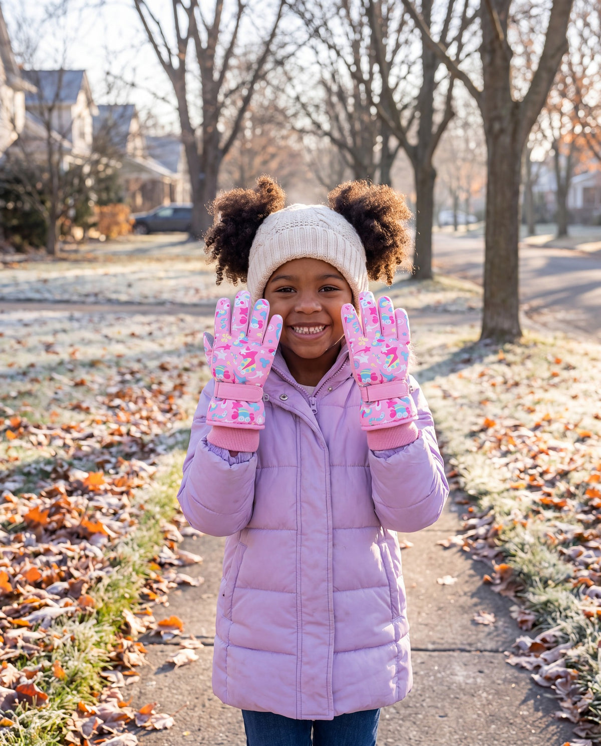 Girl wearing pink printed kids waterproof gloves on a morning walk