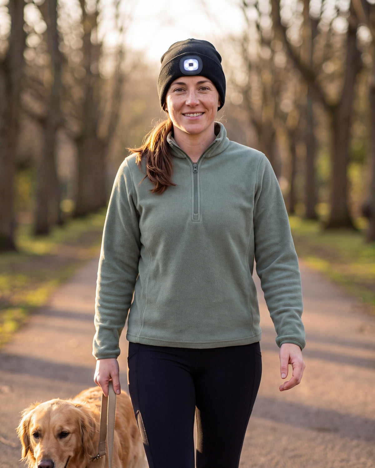 Woman walking her dog at golden hour wearing a black LED beanie with the light switched on