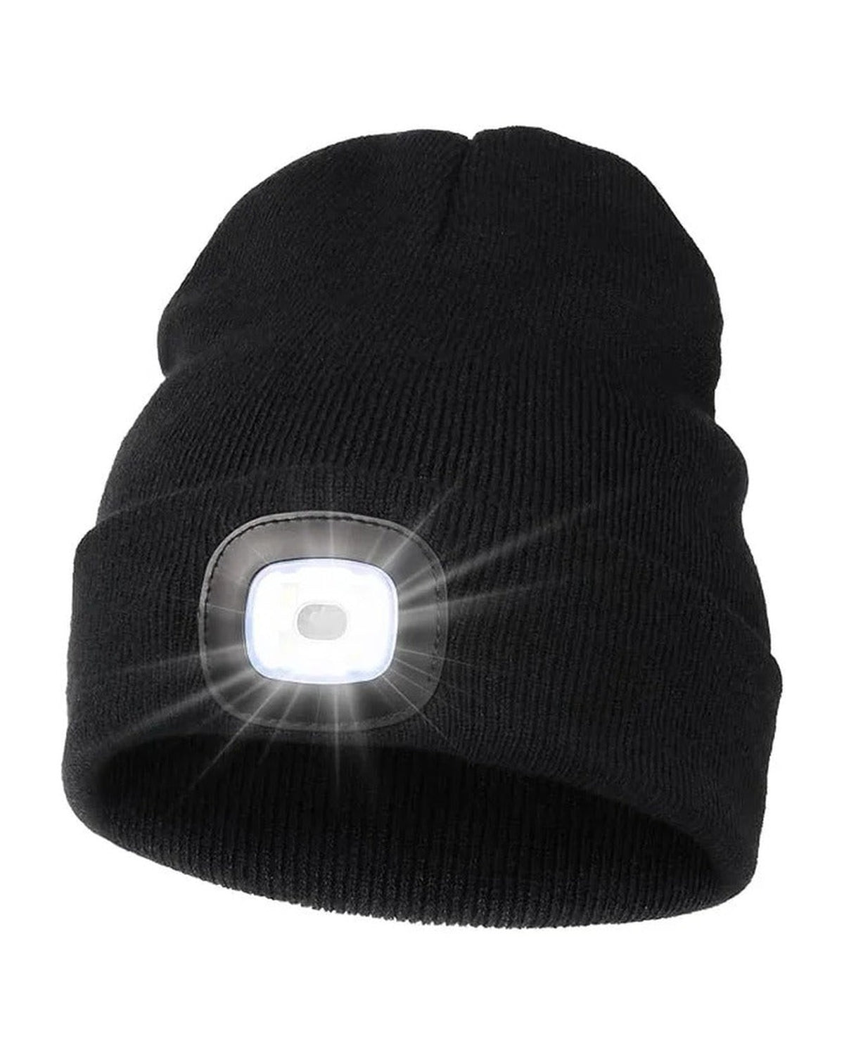 Black LED beanie with the rechargeable light switched on
