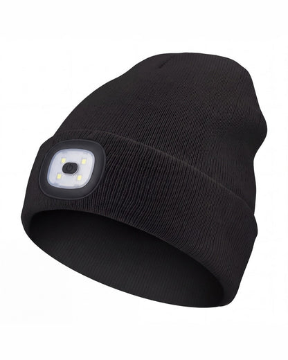 Black LED beanie with rechargeable light