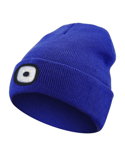 Blue LED beanie with rechargeable light