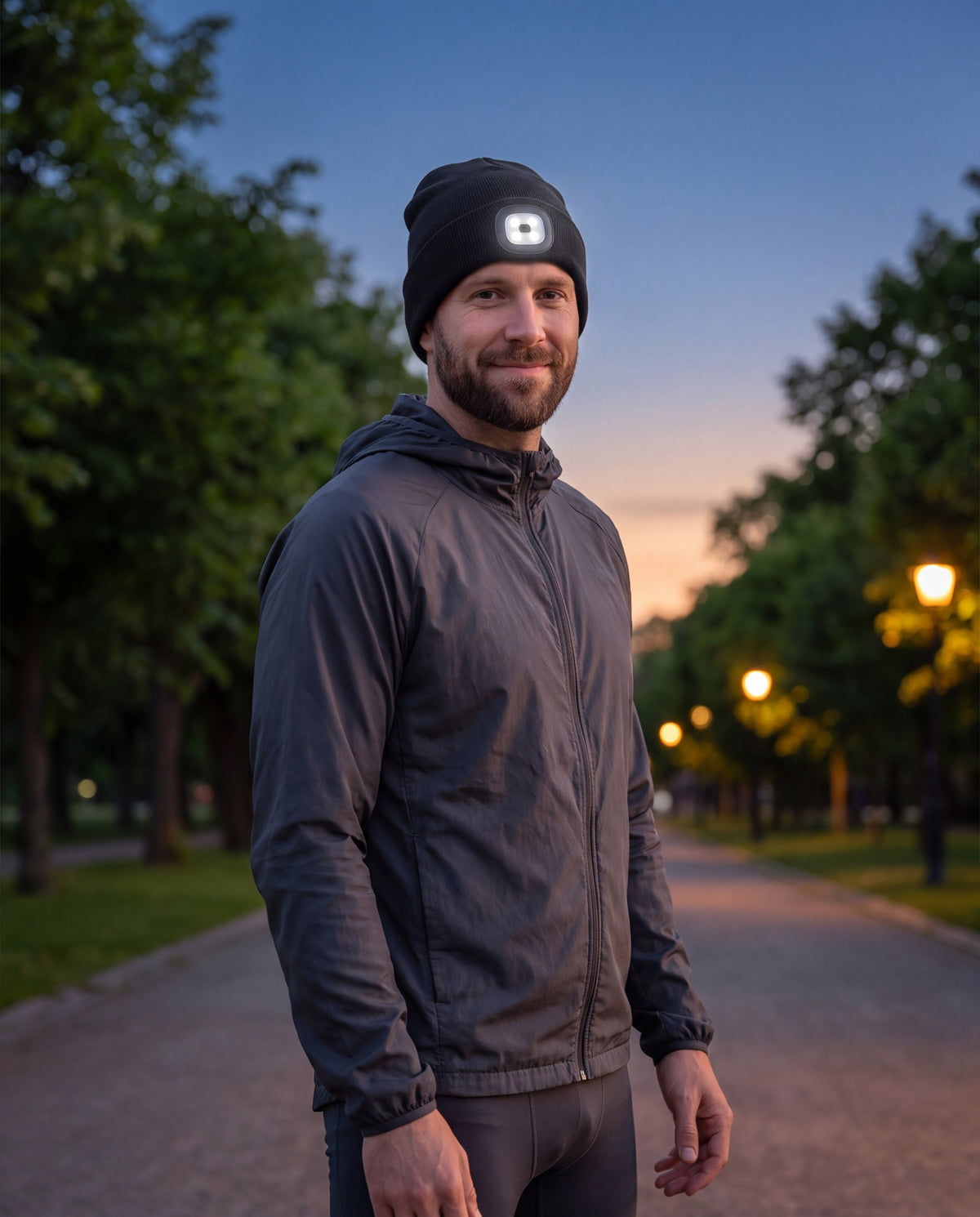 Man in a park at dusk after an evening run wearing a black LED beanie with the light on