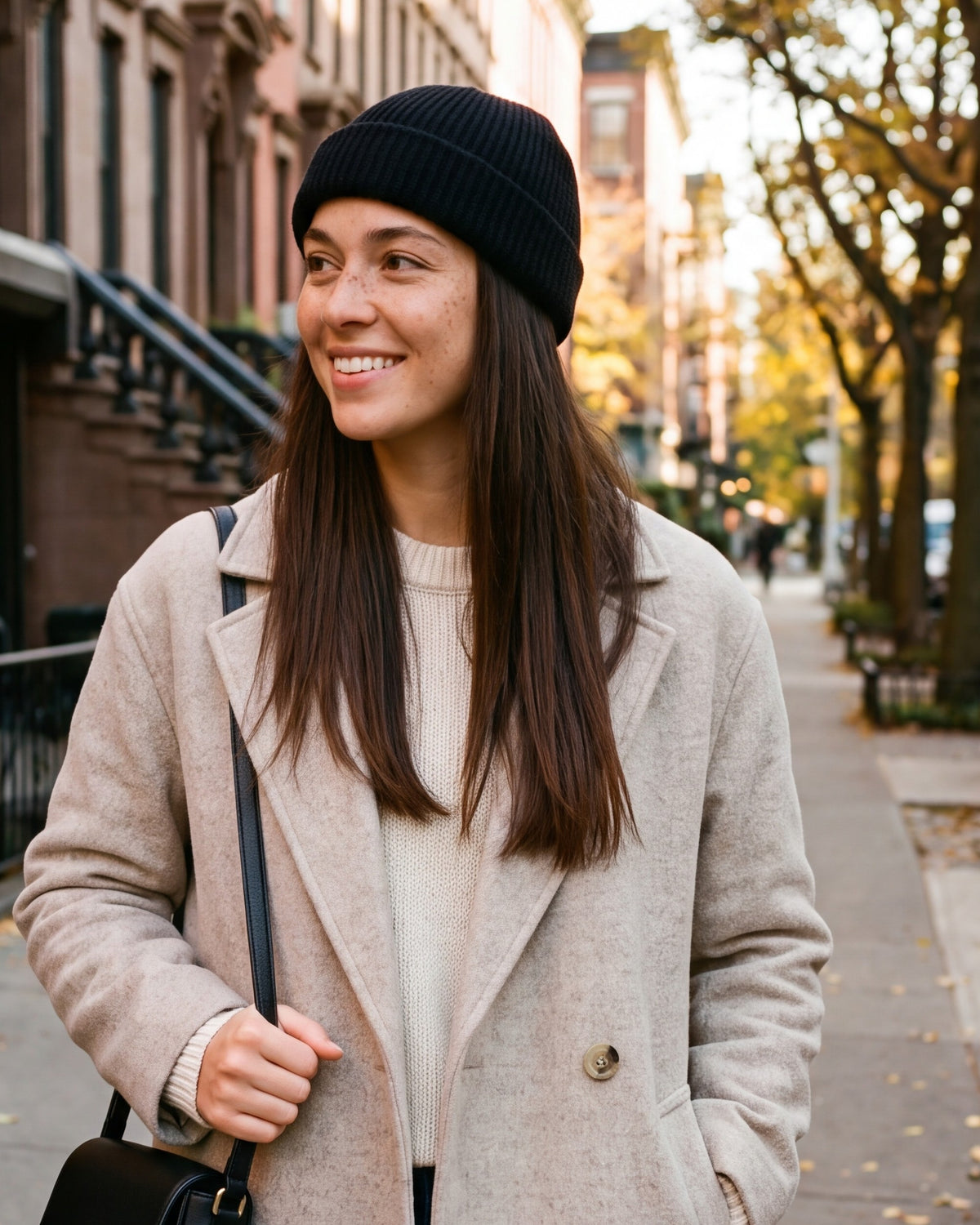 Smiling woman walking on a tree lined city street in a black short rib knit fisherman beanie