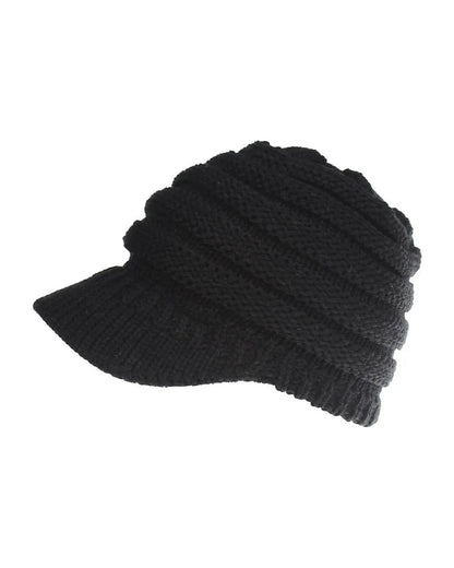Black ponytail beanie with brim