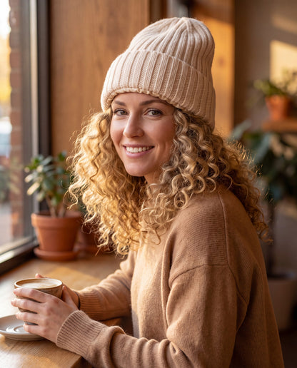 Woman with curly hair wearing a cream satin lined rib knit beanie in a cafe