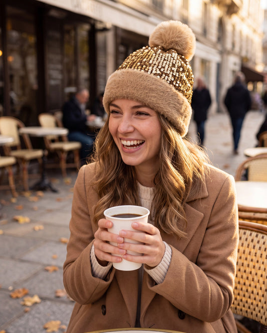 Woman laughing at a cafe table in a gold sequin pom pom beanie with a fuzzy cuff