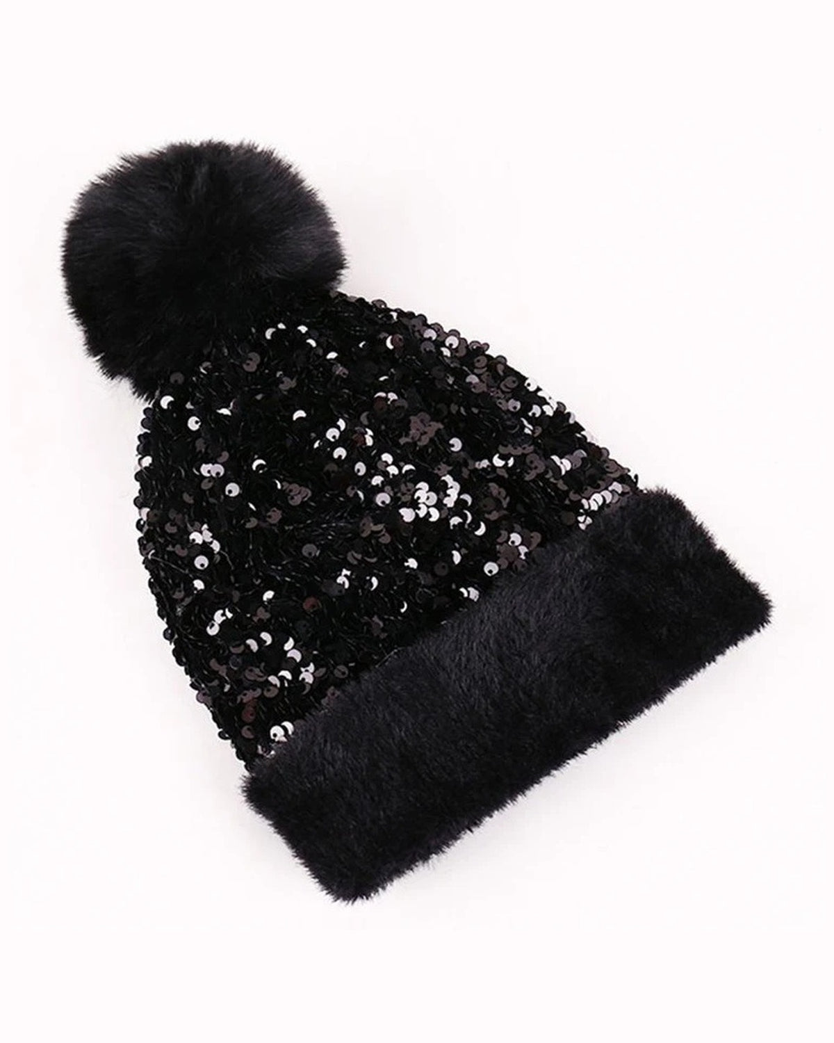 Black sequin pom pom beanie with fuzzy cuff and faux fur pom pom